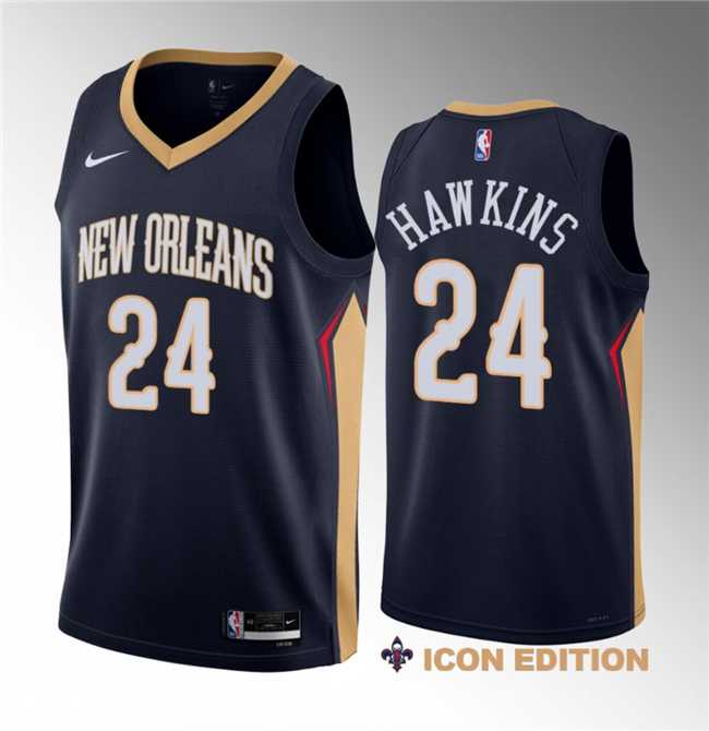 Mens New Orleans Pelicans #24 Jordan Hawkins Navy 2023 Draft Icon Edition Stitched Basketball Jersey